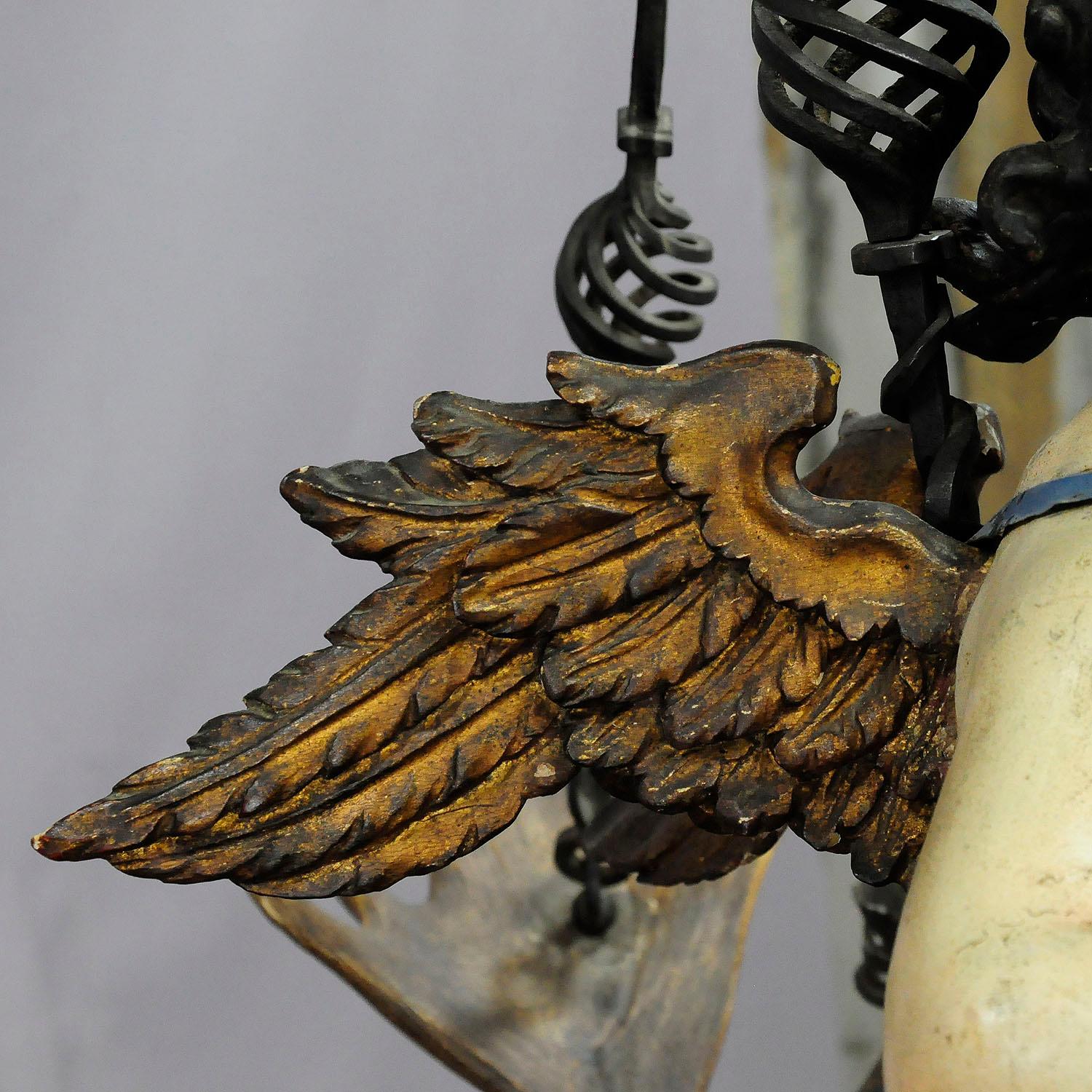 Antique Carved Wood Luster of an Angel of Love with Real Antlers In Good Condition In Berghuelen, DE