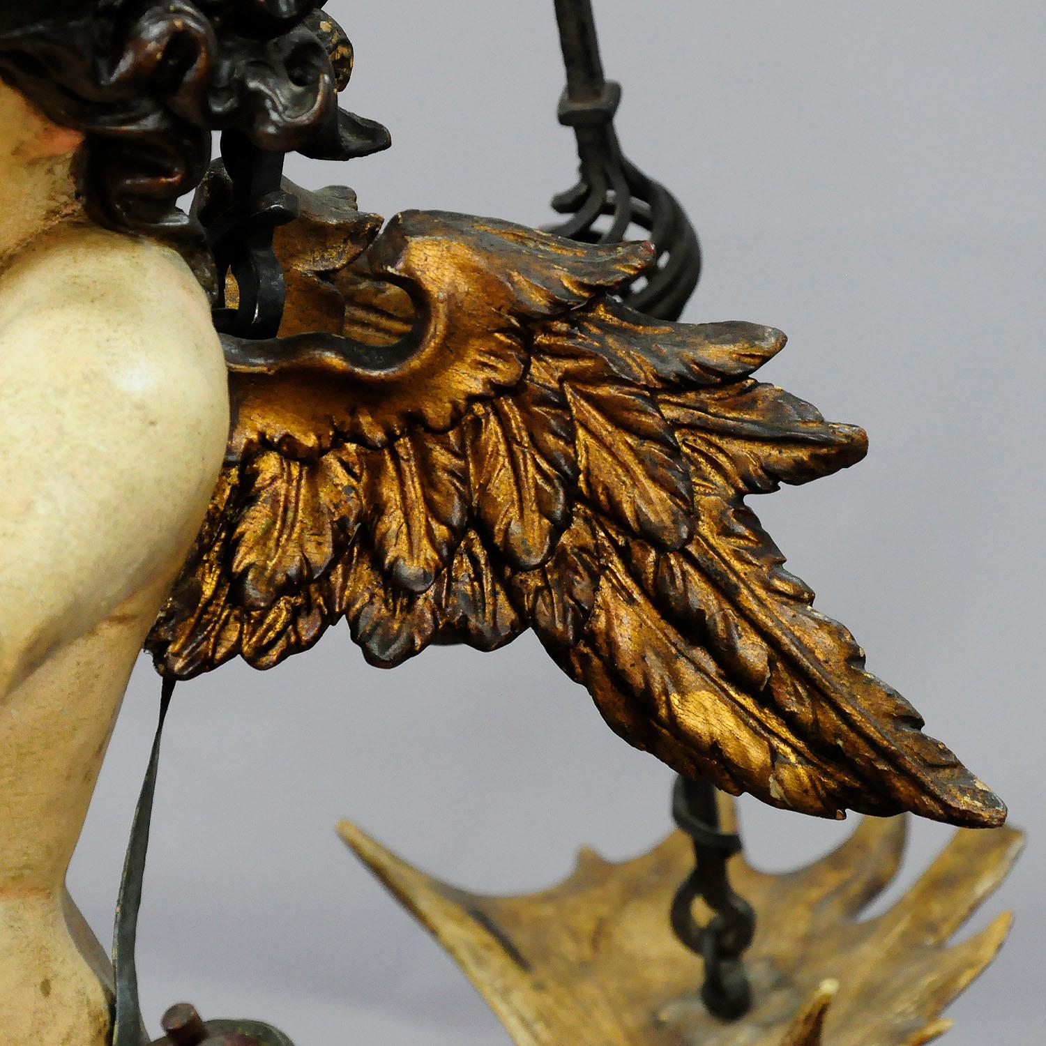 Antique Carved Wood Luster of an Angel of Love with Real Antlers 3