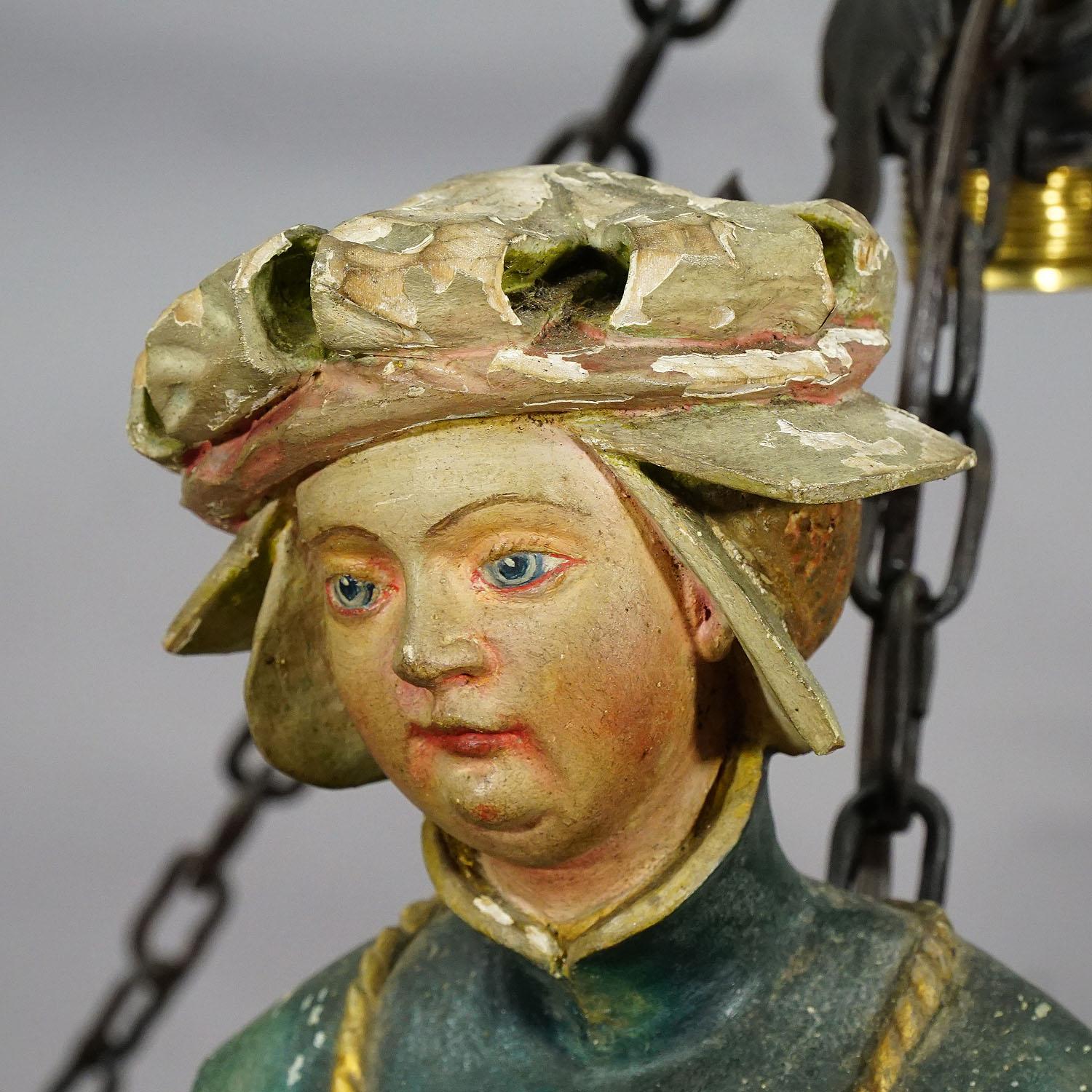 German Antique Carved Wood Lusterweibchen of a Medieval Lady, circa 1890
