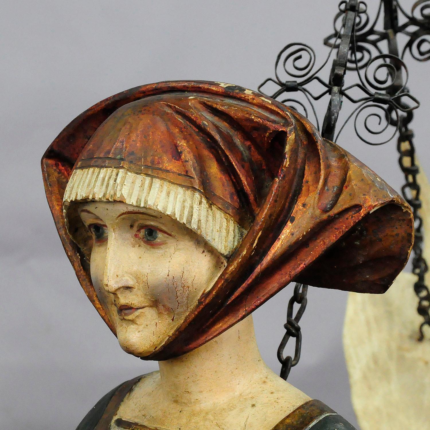 Black Forest Antique Carved Wood Lusterweibchen of a Victorian Lady