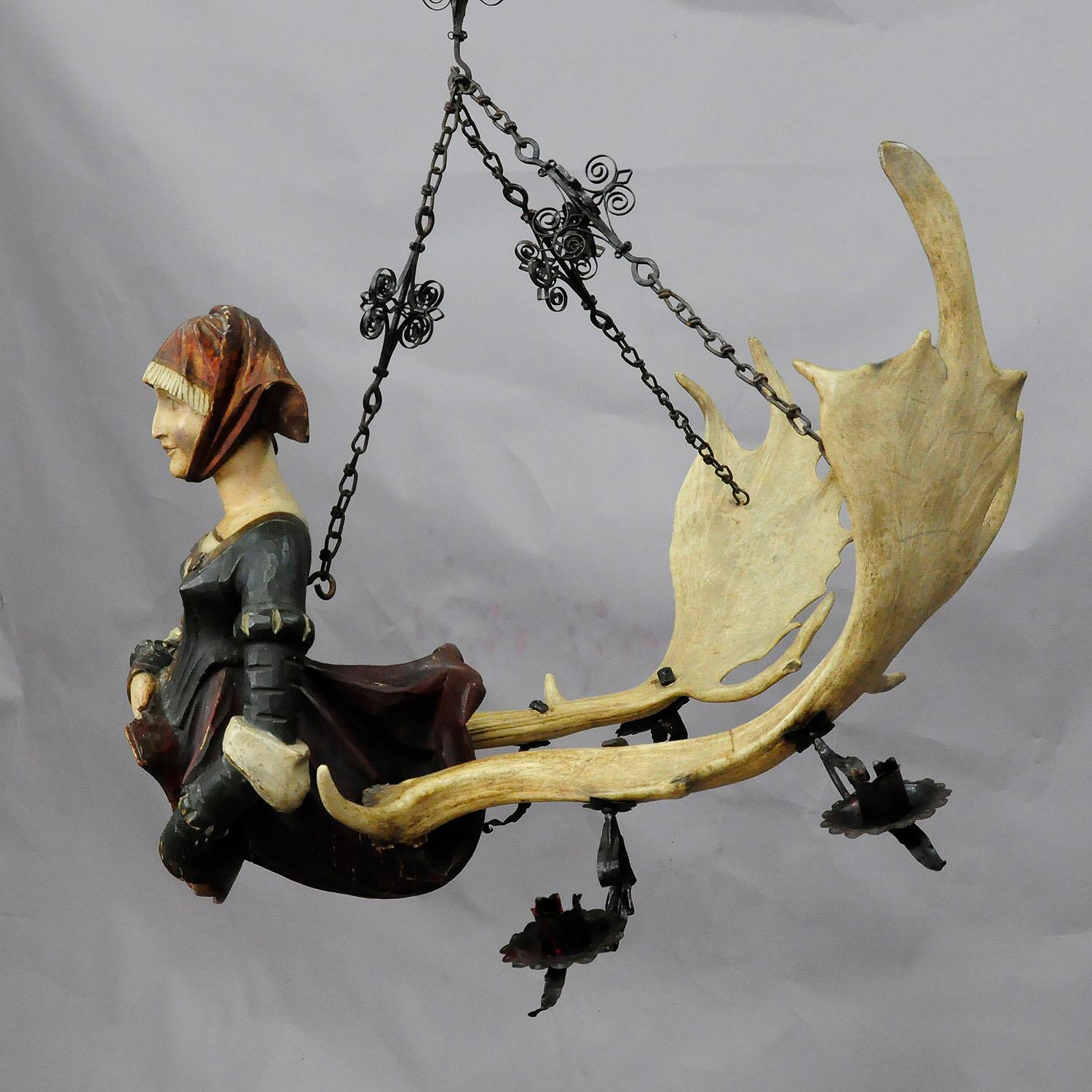 German Antique Carved Wood Lusterweibchen of a Victorian Lady
