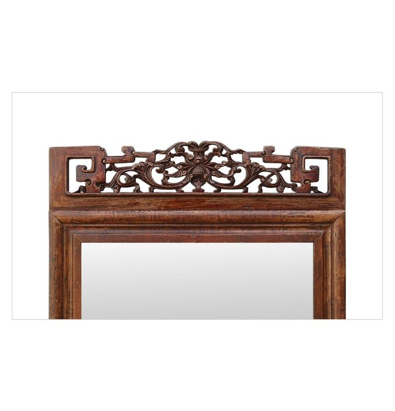 French Antique Carved Wood Mirror, Asian Style Pediment, circa 1900 For Sale