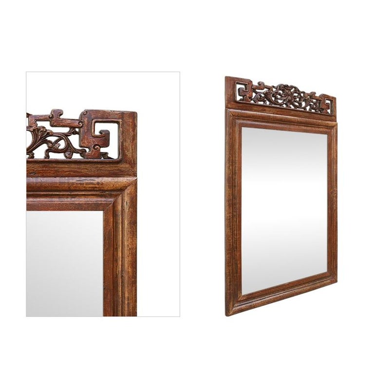 Hand-Carved Antique Carved Wood Mirror, Asian Style Pediment, circa 1900 For Sale