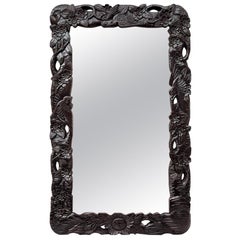 Antique Carved Wood Mirror with Floral and Birds Decor, circa 1920