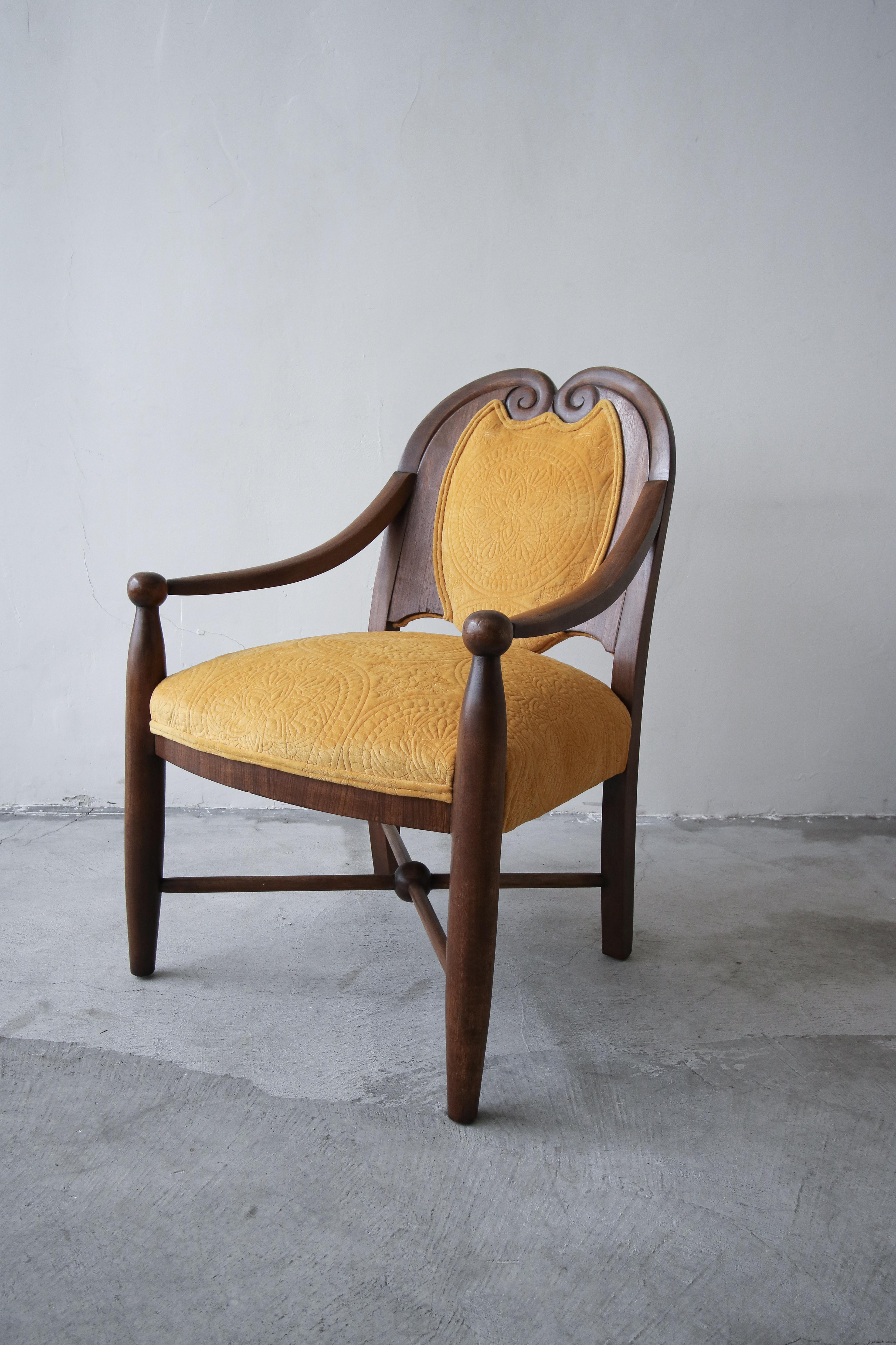 If you are looking for the perfect antique, more traditional style side chair, look no further. This chair and all it's carved wood details is amazing. I don't know that I've seen a more beautiful chair this style. The contrast of the new marigold