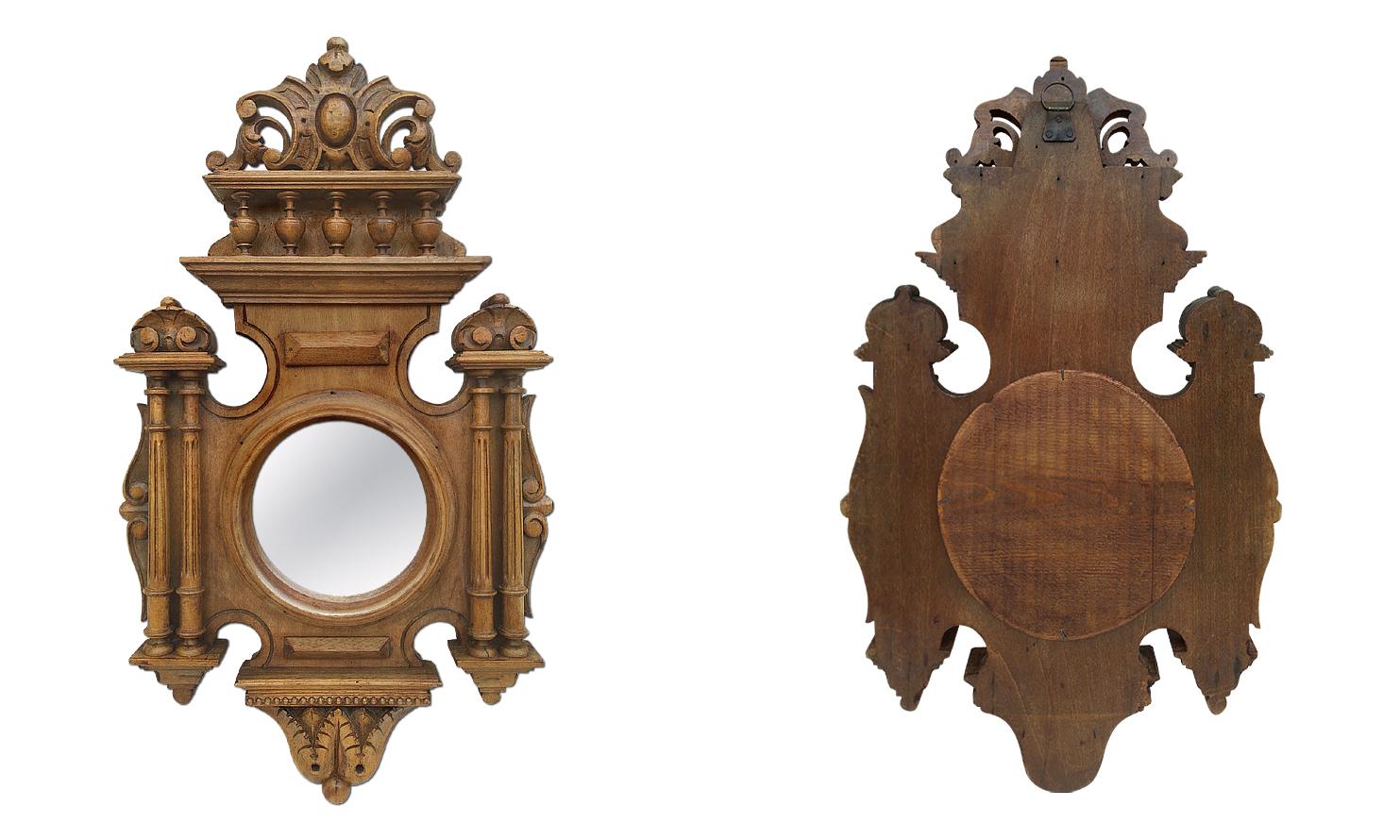 Antique Carved Wood Round Mirror, Renaissance Style, circa 1930 For Sale 1