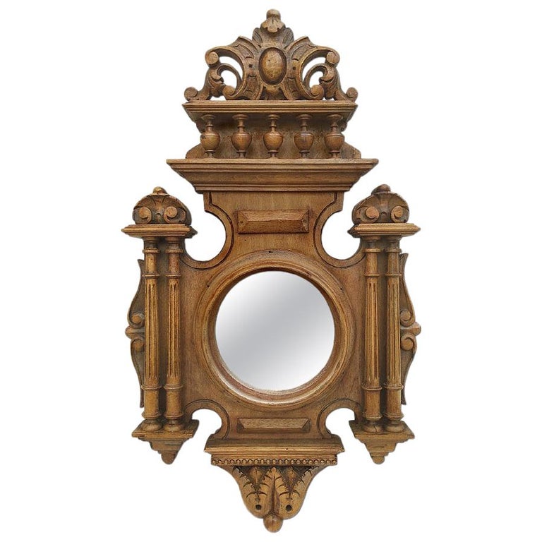 Antique Carved Wood Round Mirror, Renaissance Style, circa 1930 For Sale