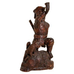 Antique Carved Wood Sculpture Figure of Hunter with Dog and Bear
