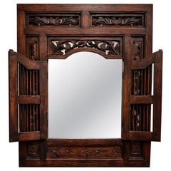 Antique Carved Wood Shuttered Wall Mirror, Gothic Revival, circa 1900