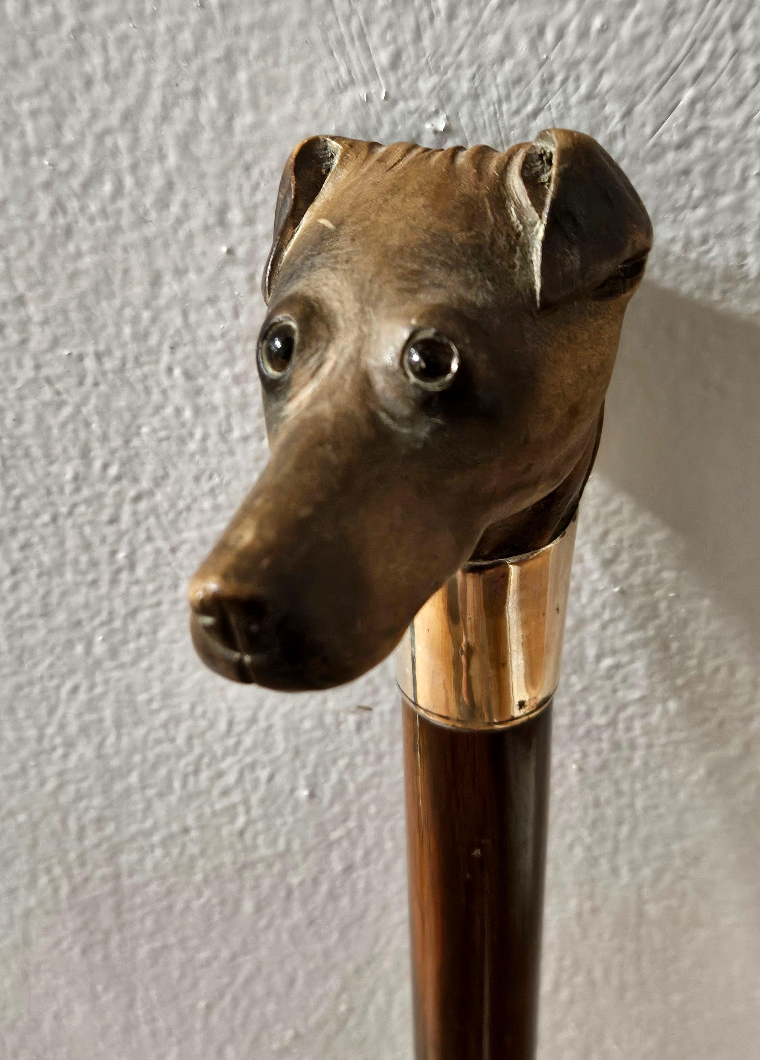 Anglais Canne bâton de marche en bois ancien sculpté tête de chien terrier en vente