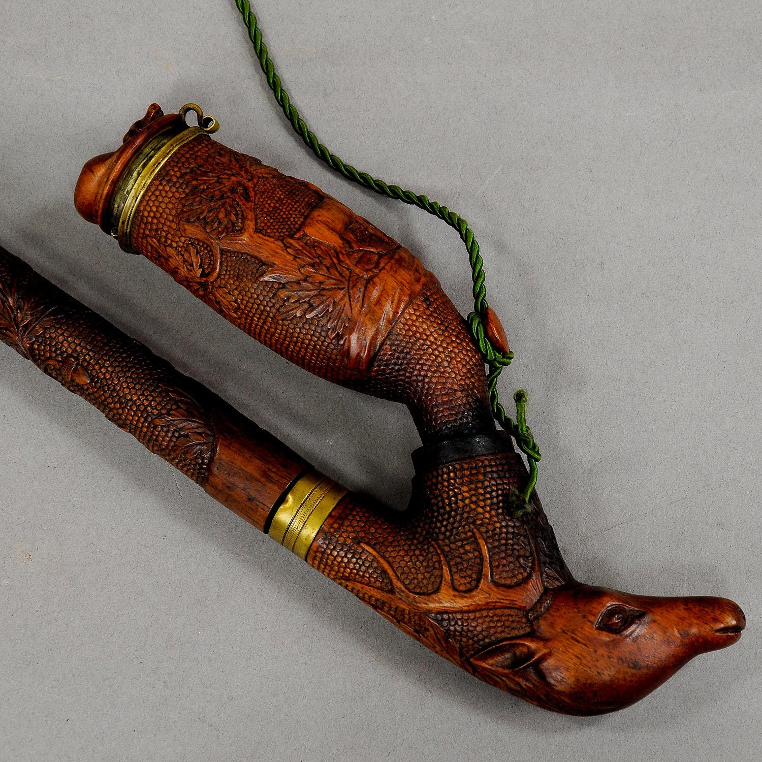 Black Forest Antique Carved Wood Tobacco Pipe with Excellent Dog and Deer Head Carving For Sale