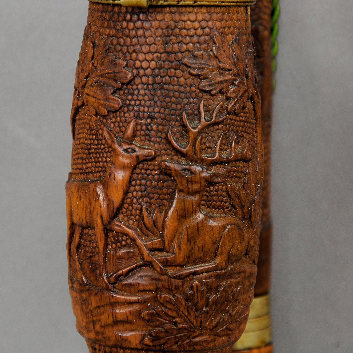 German Antique Carved Wood Tobacco Pipe with Excellent Dog and Deer Head Carving For Sale