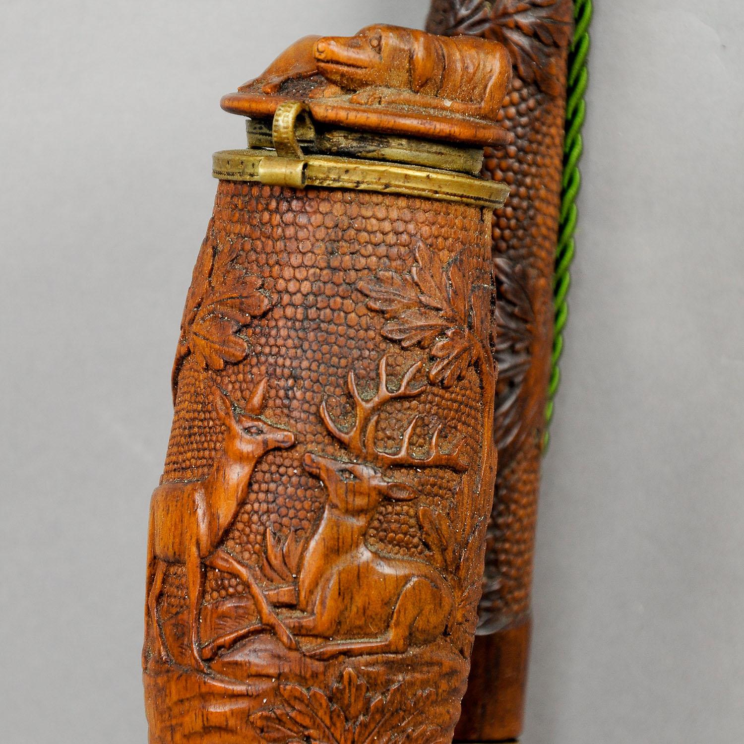 19th Century Antique Carved Wood Tobacco Pipe with Excellent Dog and Deer Head Carving For Sale