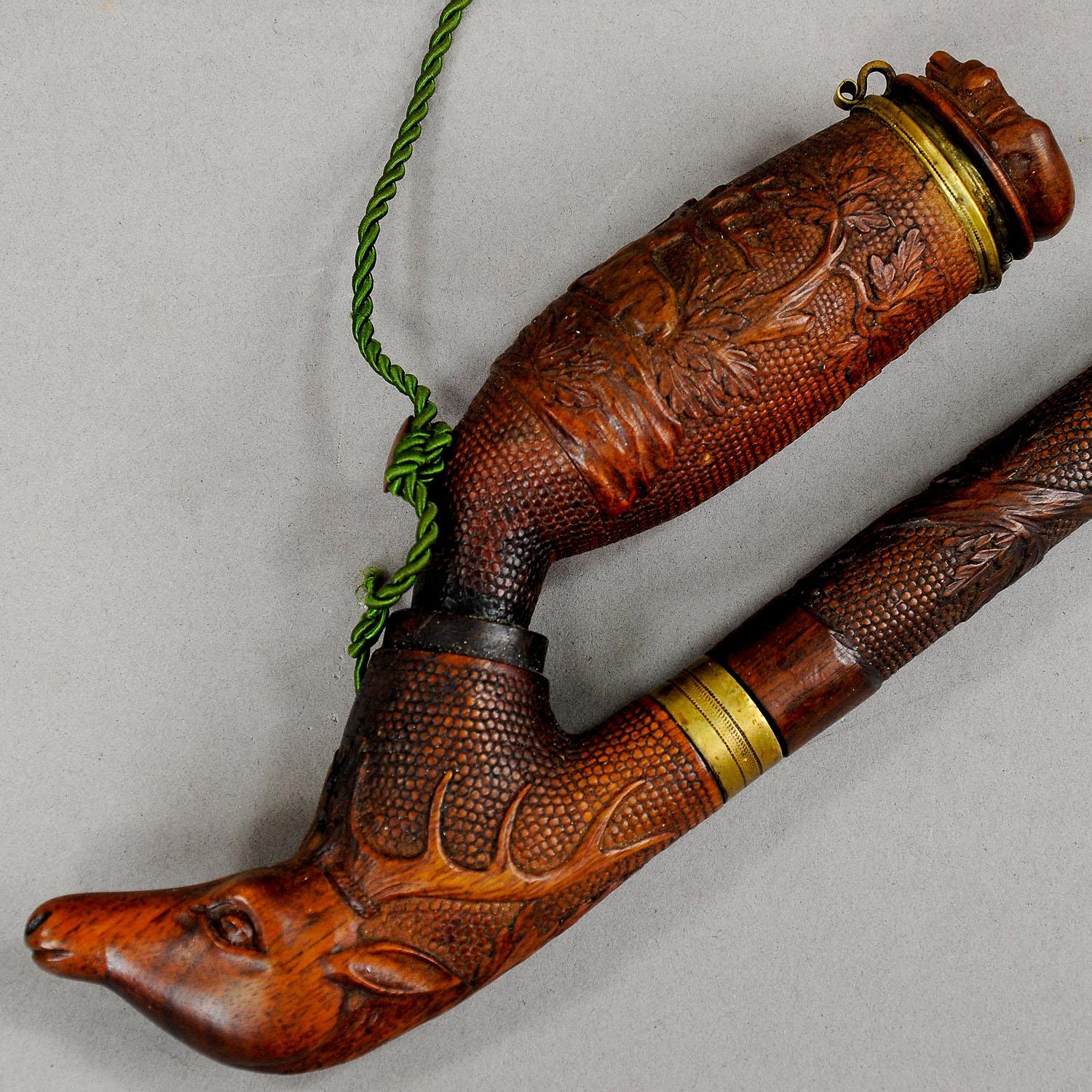 Antique Carved Wood Tobacco Pipe with Excellent Dog and Deer Head Carving For Sale 1