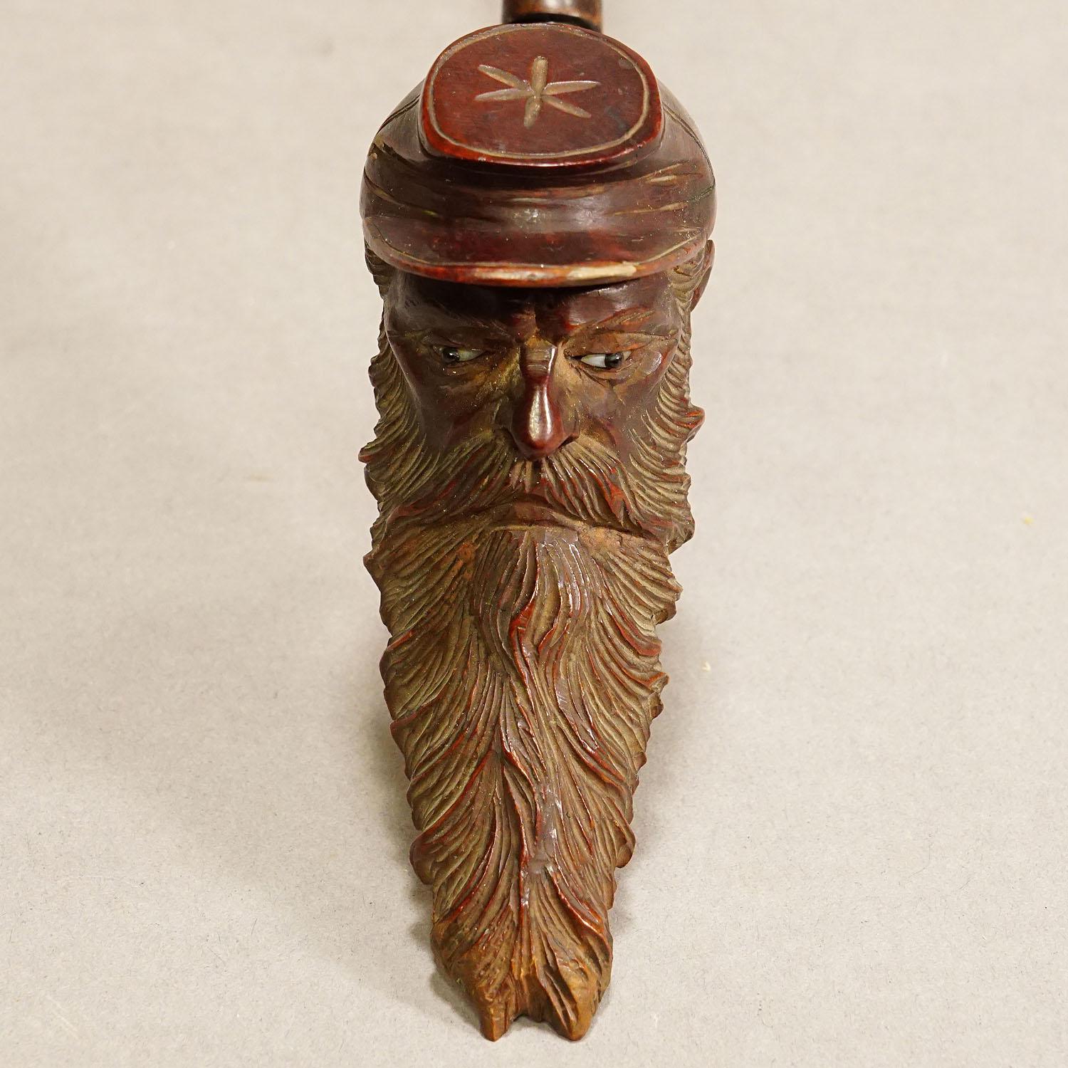 Black Forest Antique Carved Wood Tobacco Pipe with Soldier Head For Sale
