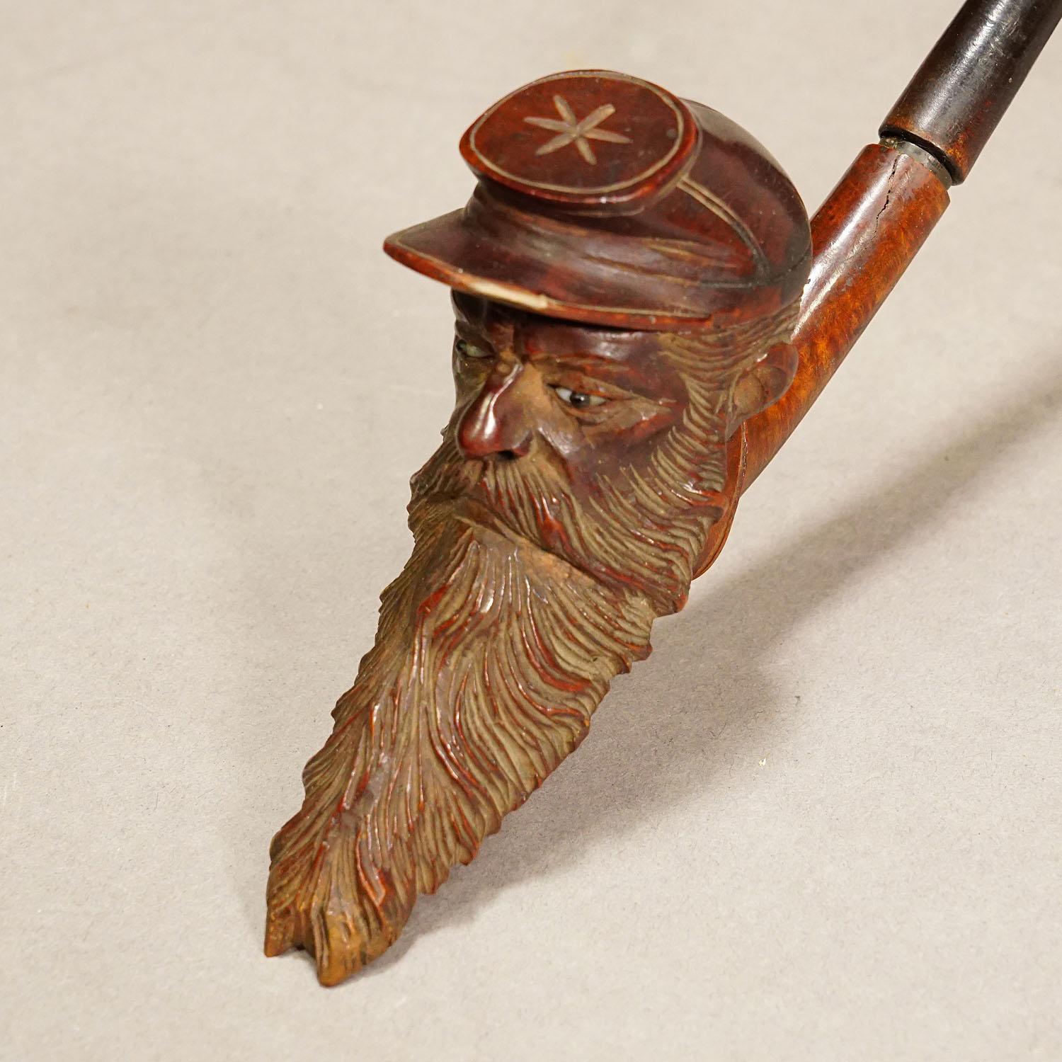 German Antique Carved Wood Tobacco Pipe with Soldier Head For Sale