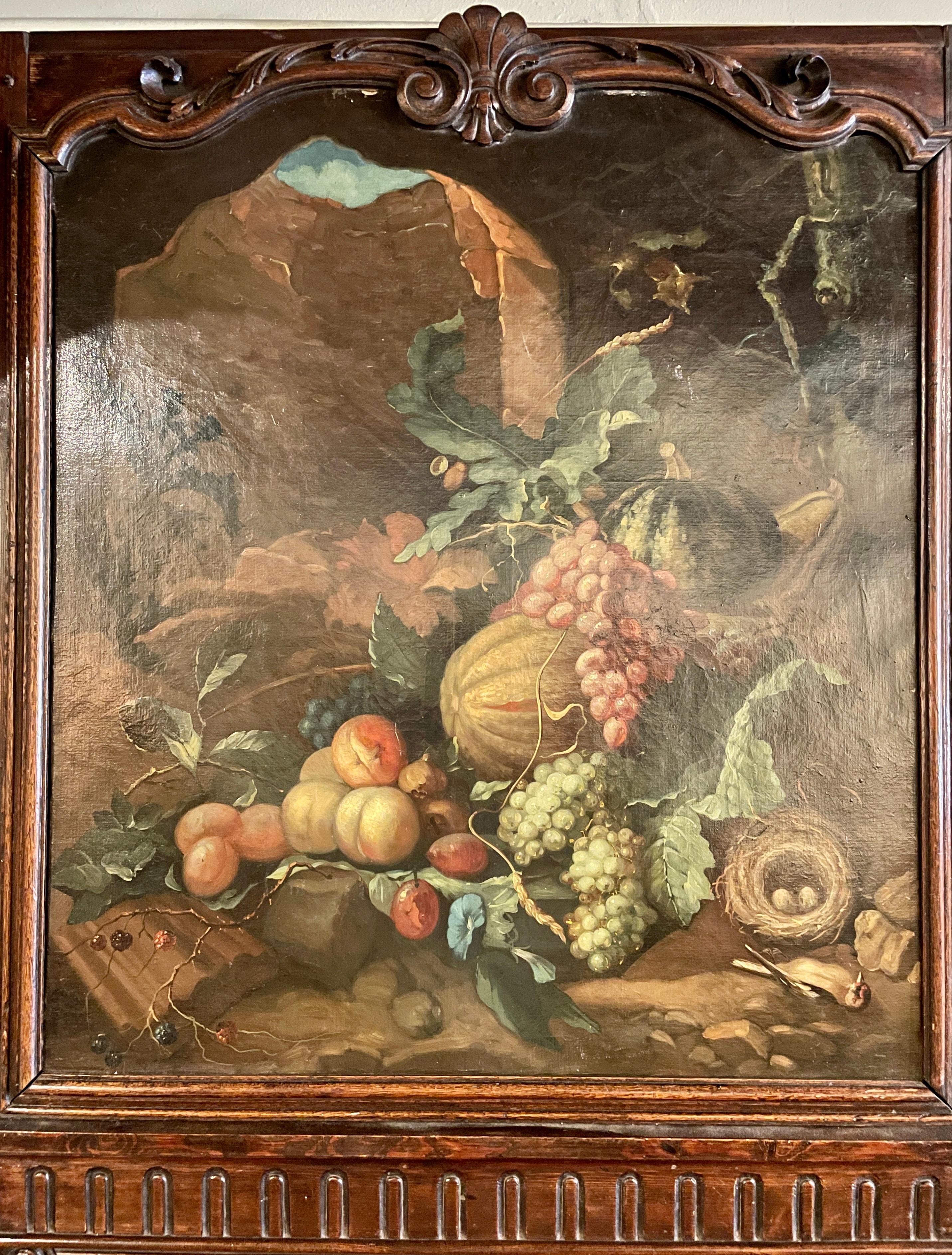 Antiguo espejo trumeau de madera tallada con pintura de naturaleza muerta, Circa 1880's.