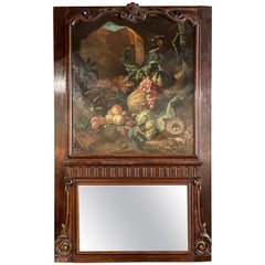 Antique Mirror Trumeau in legno intagliato con pittura di natura morta, 1880 circa