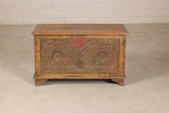 Antique Carved Wood Trunk with Original Red and Yellow Painted Decoration