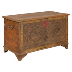 Antique Carved Wood Trunk with Original Red and Yellow Painted Decoration
