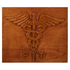 Antique Carved Wood Wall Plaque Medical Symbol