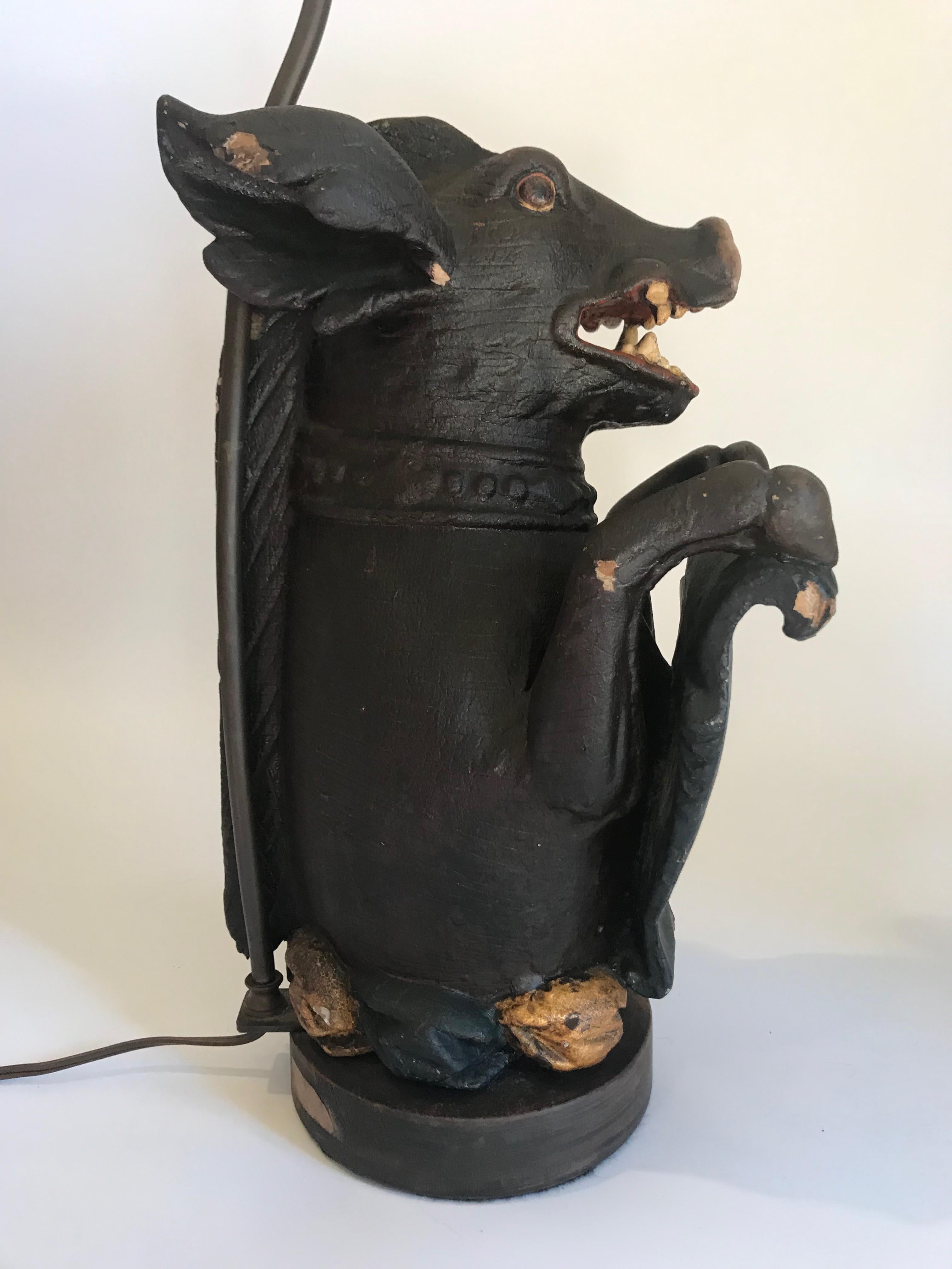 Antique Carved Wood Wild Boar Figure Holding a Painted Shield For Sale 5