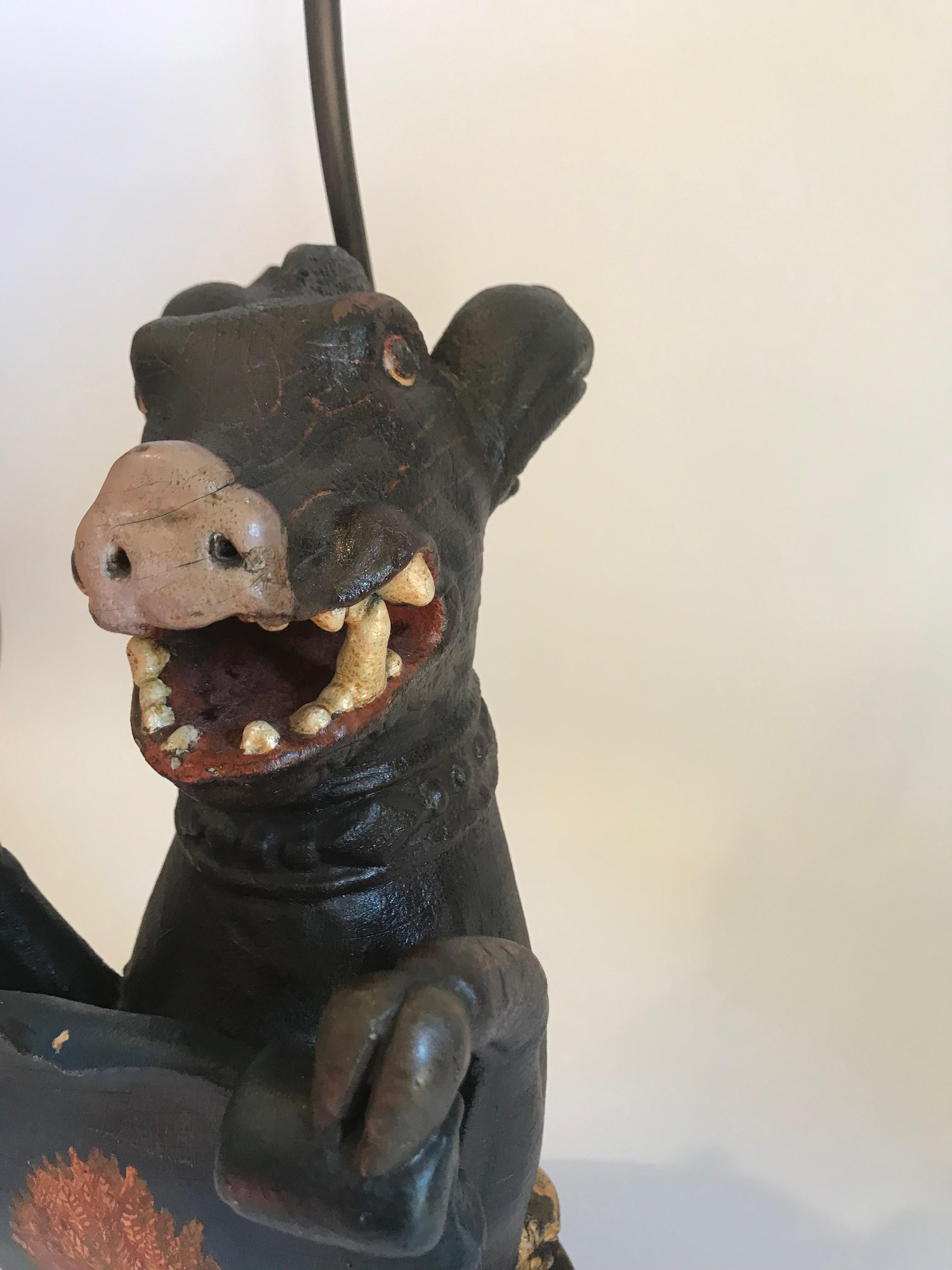 19th Century Antique Carved Wood Wild Boar Figure Holding a Painted Shield For Sale
