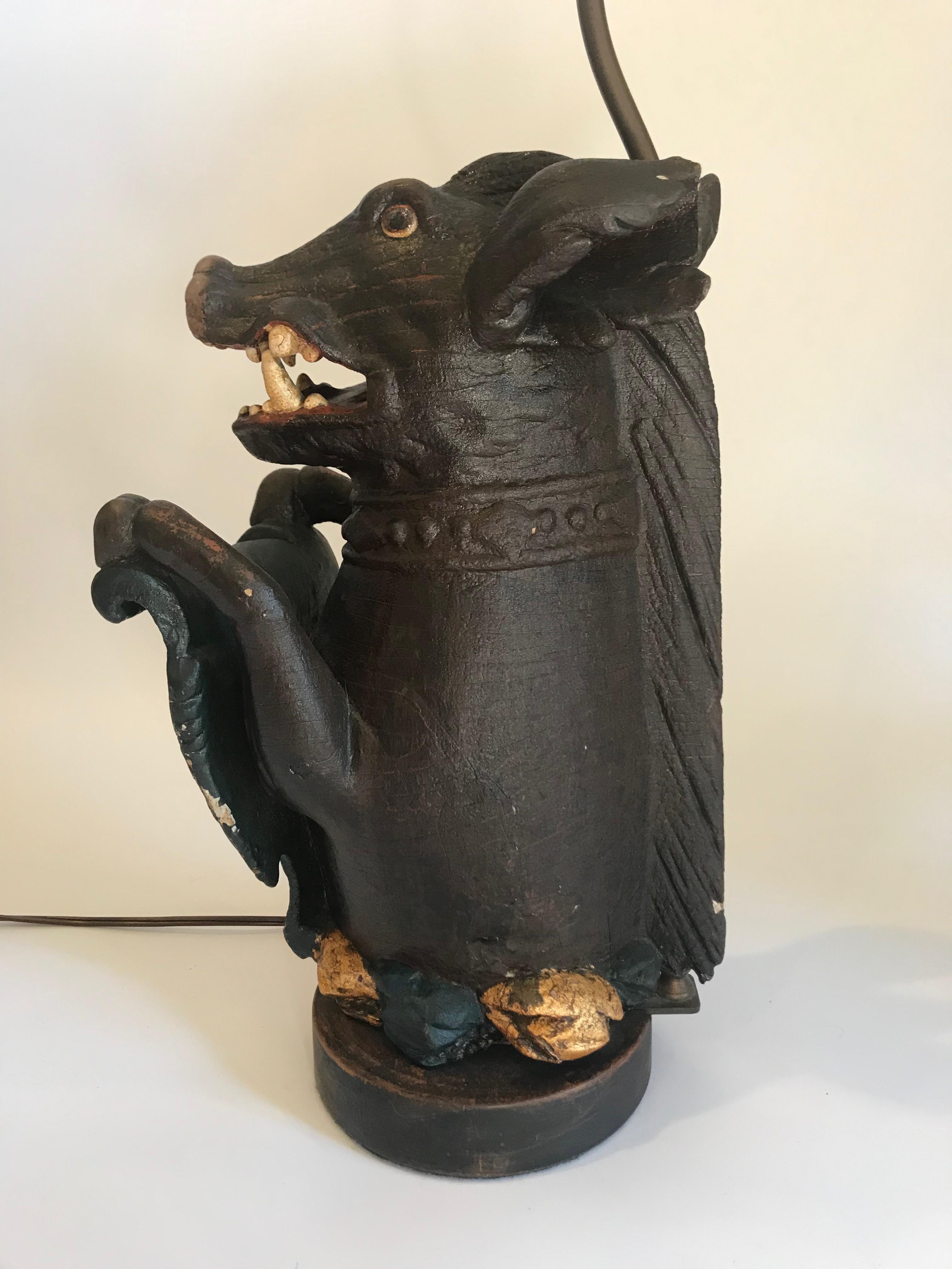 Antique Carved Wood Wild Boar Figure Holding a Painted Shield For Sale 2