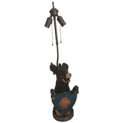 Antique Carved Wood Wild Boar Figure Holding a Painted Shield
