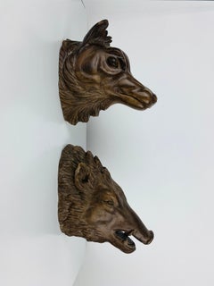 Antique carved wood wolf and boar head, wooden sculptures, folk art