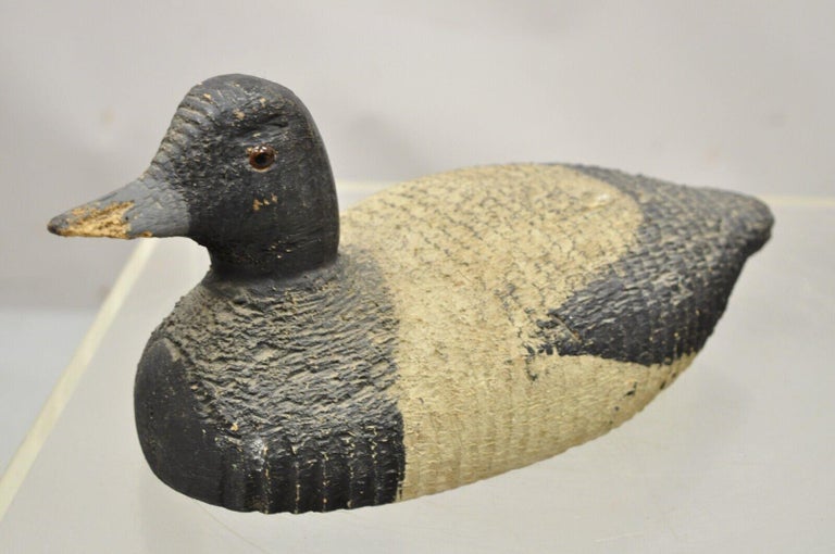 Antique Carved Wood Wooden Black and White Mallard Duck Decoy Glass