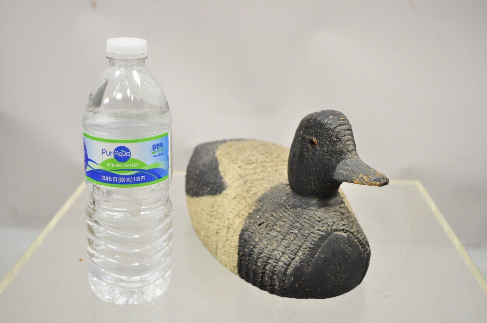 Antique Carved Wood Wooden Black and White Mallard Duck Decoy Glass Eyes In Good Condition For Sale In Philadelphia, PA