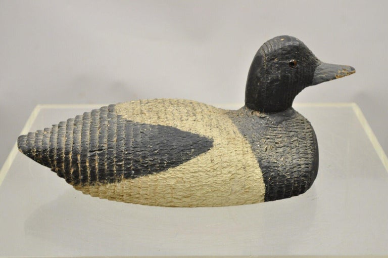 Antique Carved Wood Wooden Black and White Mallard Duck Decoy Glass