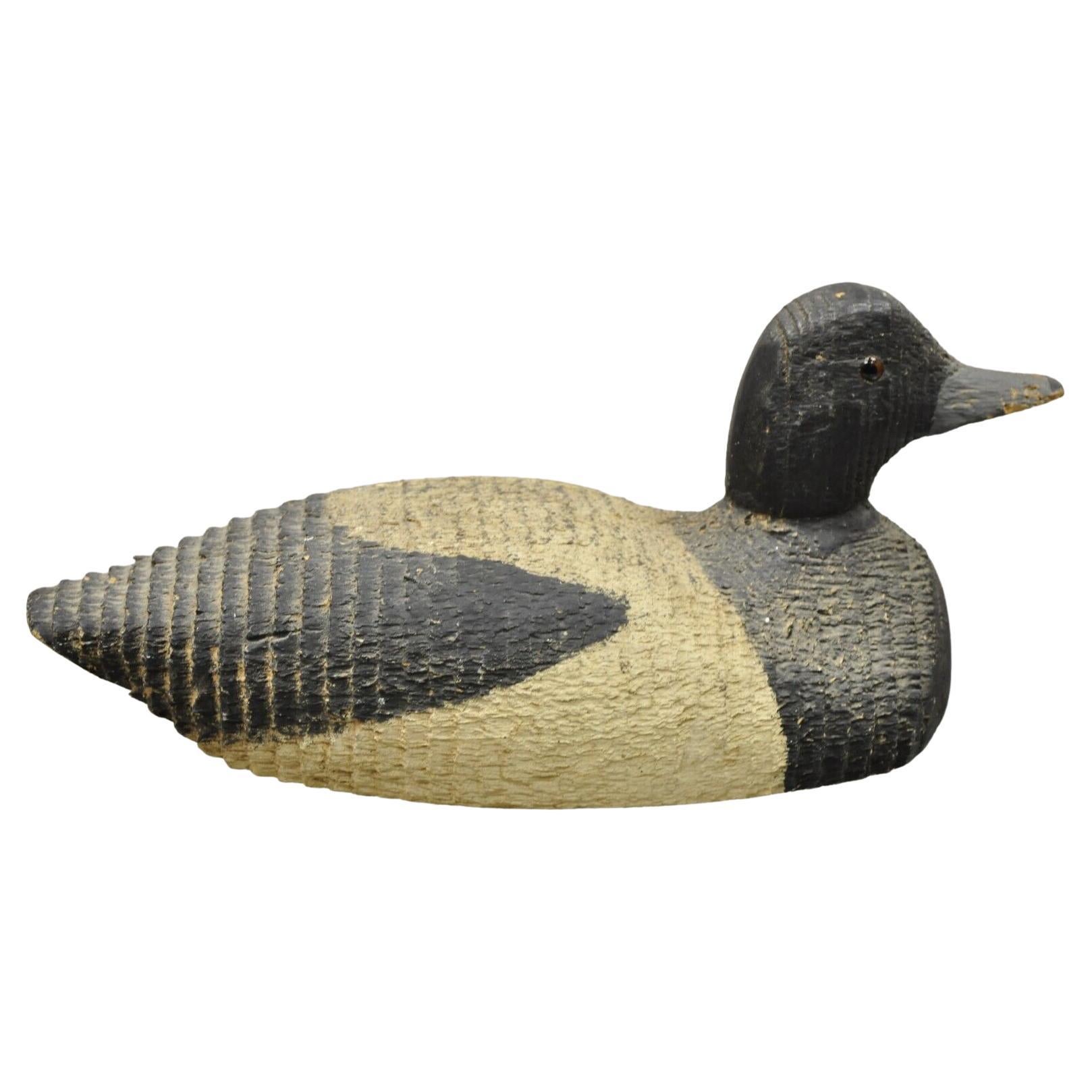 Antique Carved Wood Wooden Black and White Mallard Duck Decoy Glass Eyes