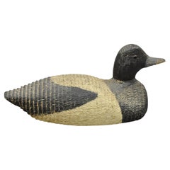 Used Carved Wood Wooden Black and White Mallard Duck Decoy Glass Eyes