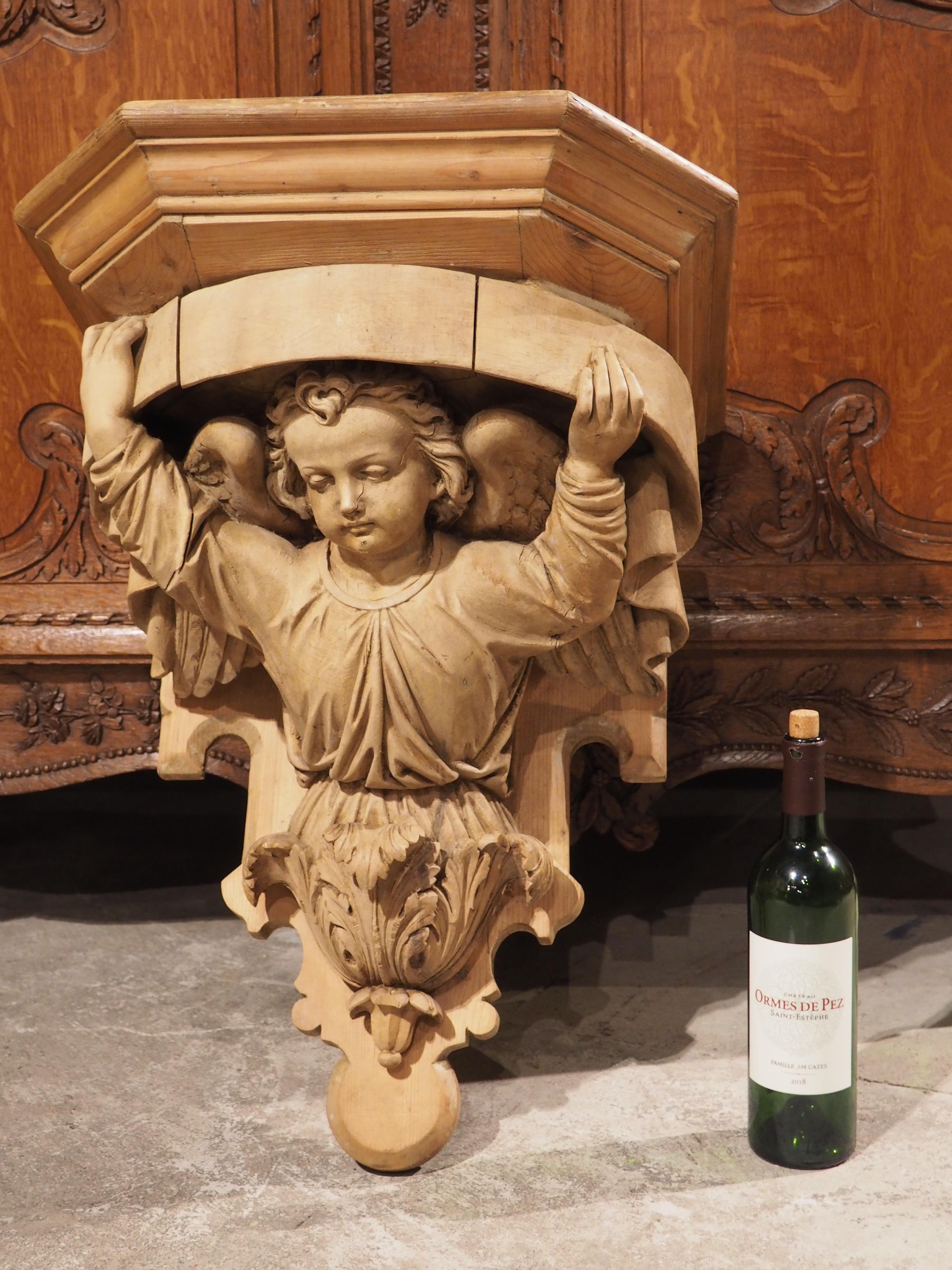 Antique Carved Wooden Angel Bracket Console from France, circa 1880 For Sale 9