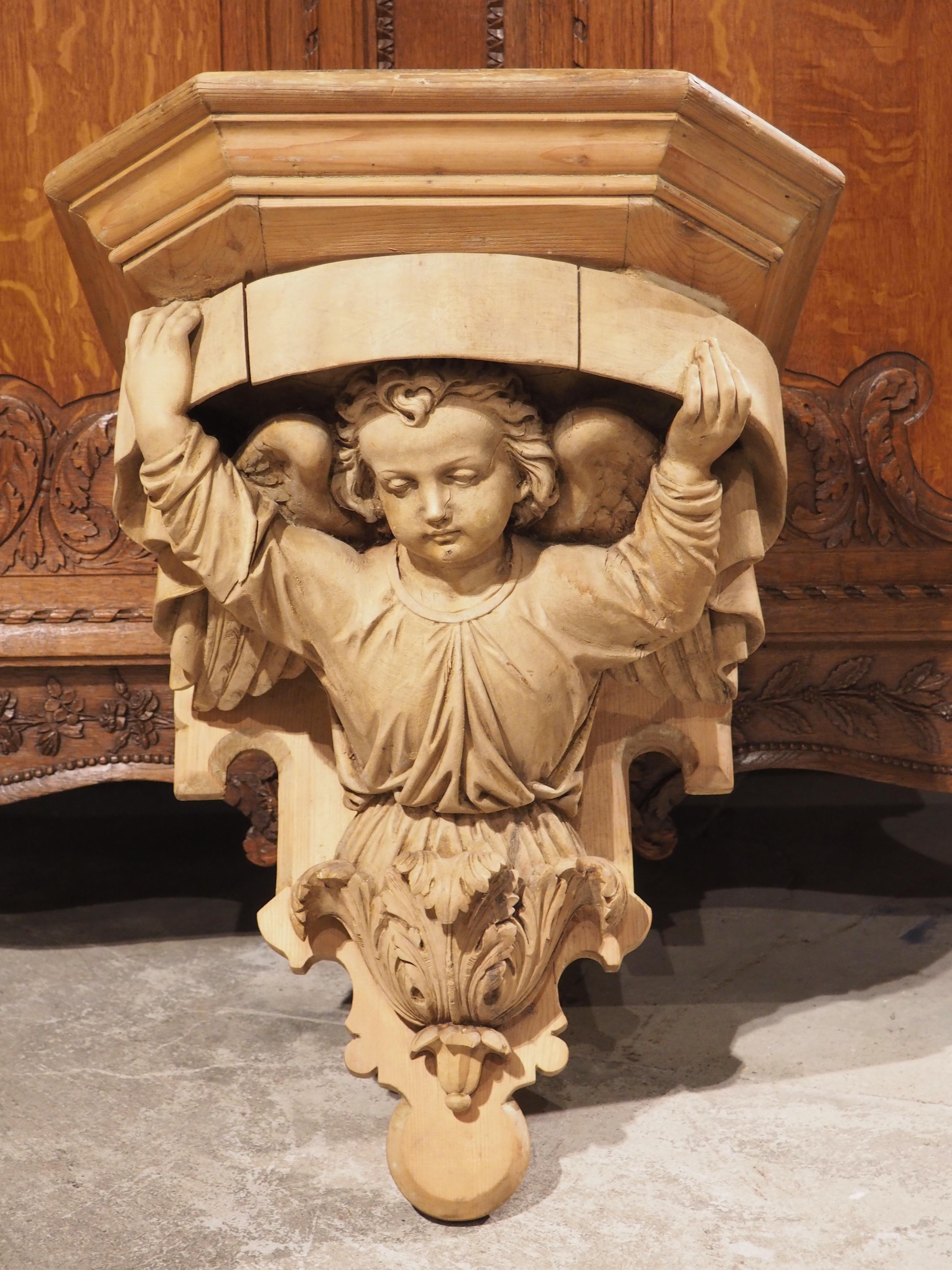 Antique Carved Wooden Angel Bracket Console from France, circa 1880 For Sale 10