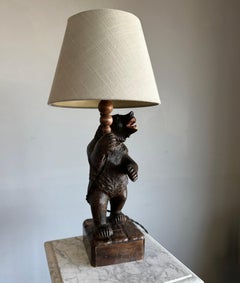 Antique Carved Wooden Black Forest Standing Bear Sculpture Table / Desk Lamp
