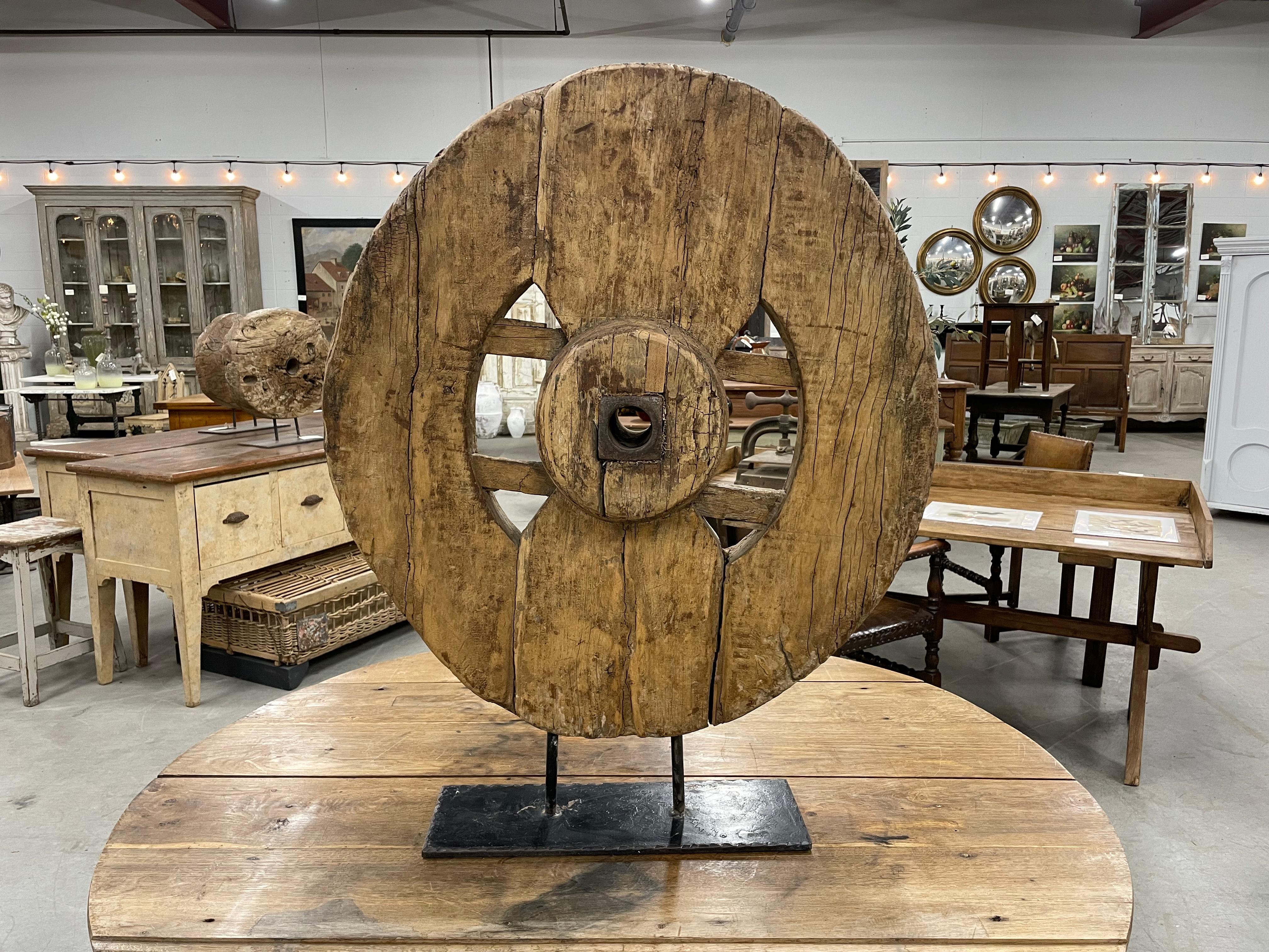 Primitive Antique Carved Wooden Cart Wheel For Sale