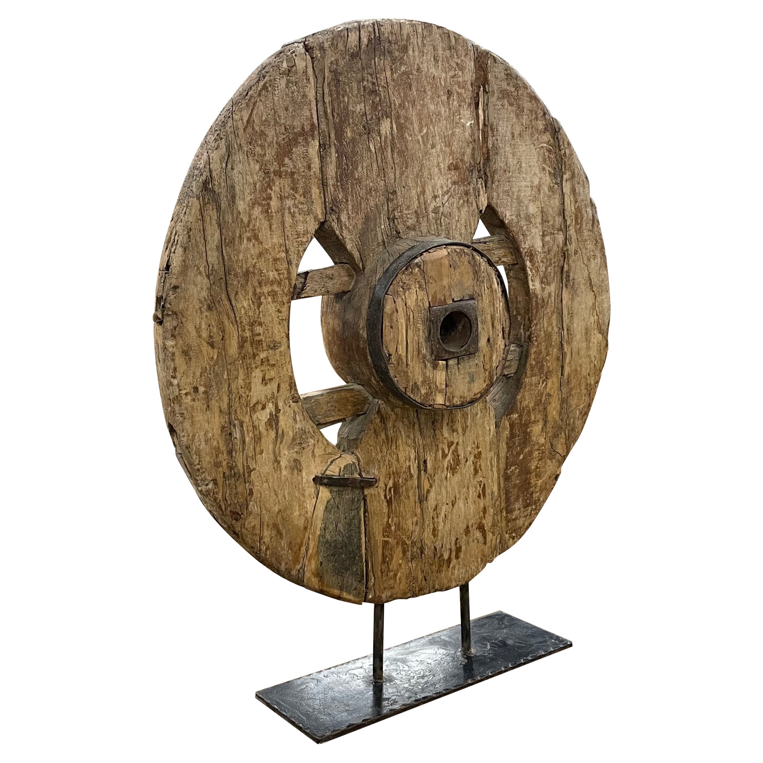 Antique Carved Wooden Cart Wheel