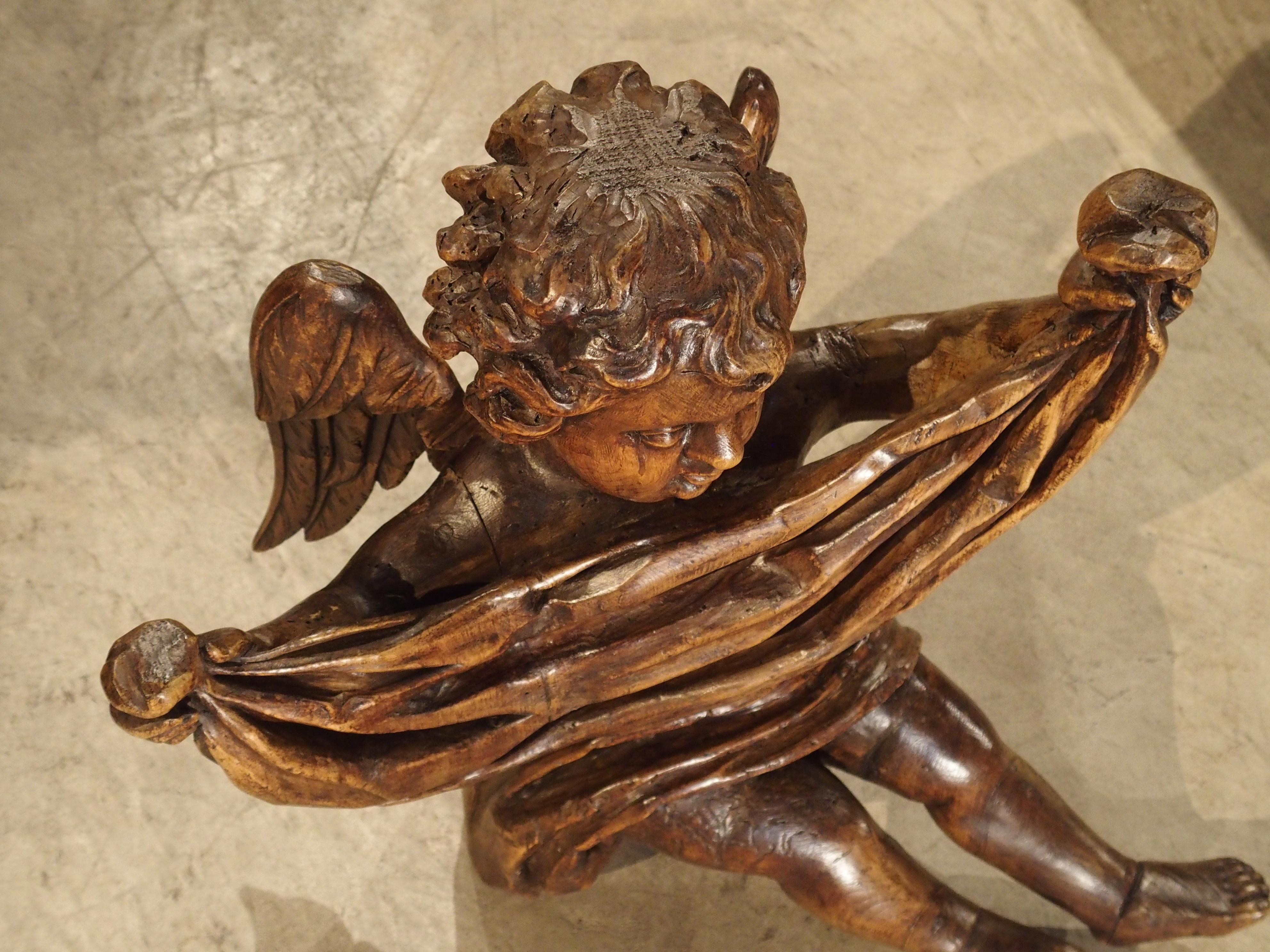 Hand-Carved Antique Carved Wooden Cherub from Puy-en-Velay France, 18th Century