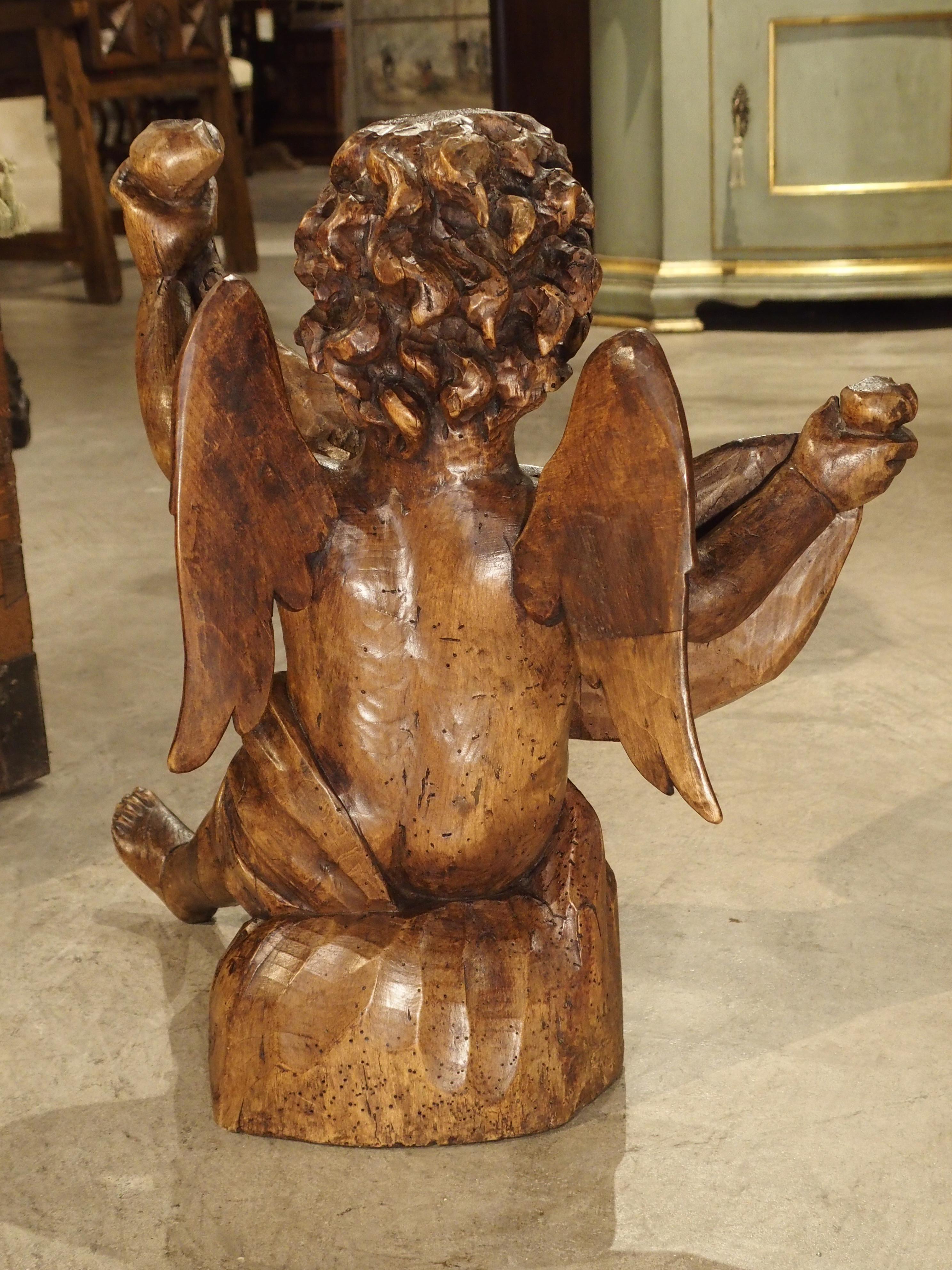 Walnut Antique Carved Wooden Cherub from Puy-en-Velay France, 18th Century