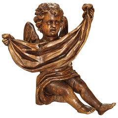 Antique Carved Wooden Cherub from Puy-en-Velay France, 18th Century