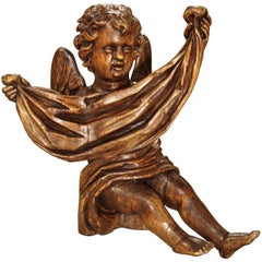 Antique Carved Wooden Cherub from Puy-en-Velay France, 18th Century