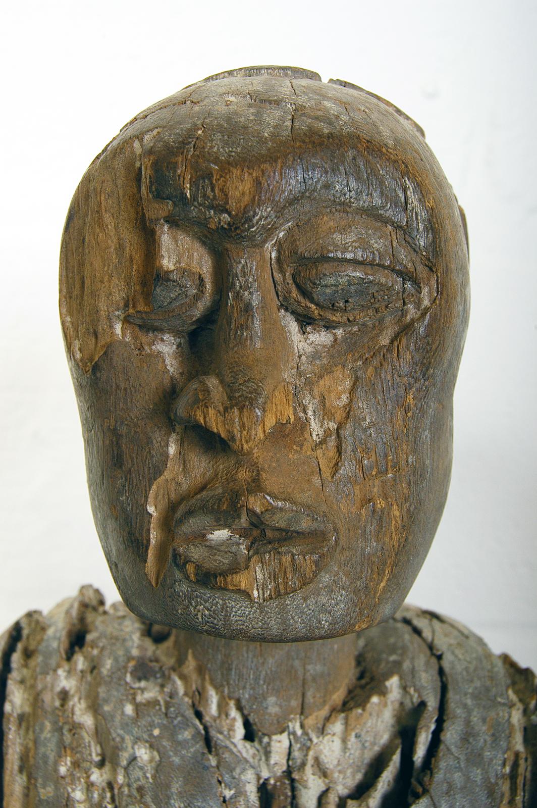 Antique Carved Wood Folk Art Decorative Sculpture Statue Man on Ebonised Plinth 4