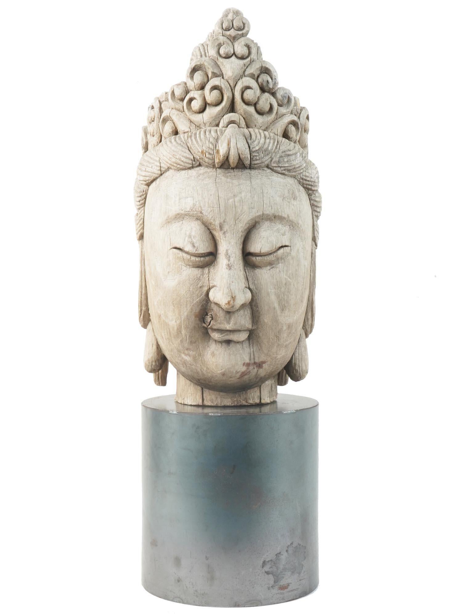Hand-Carved Antique Carved Wooden Head of Buddha For Sale
