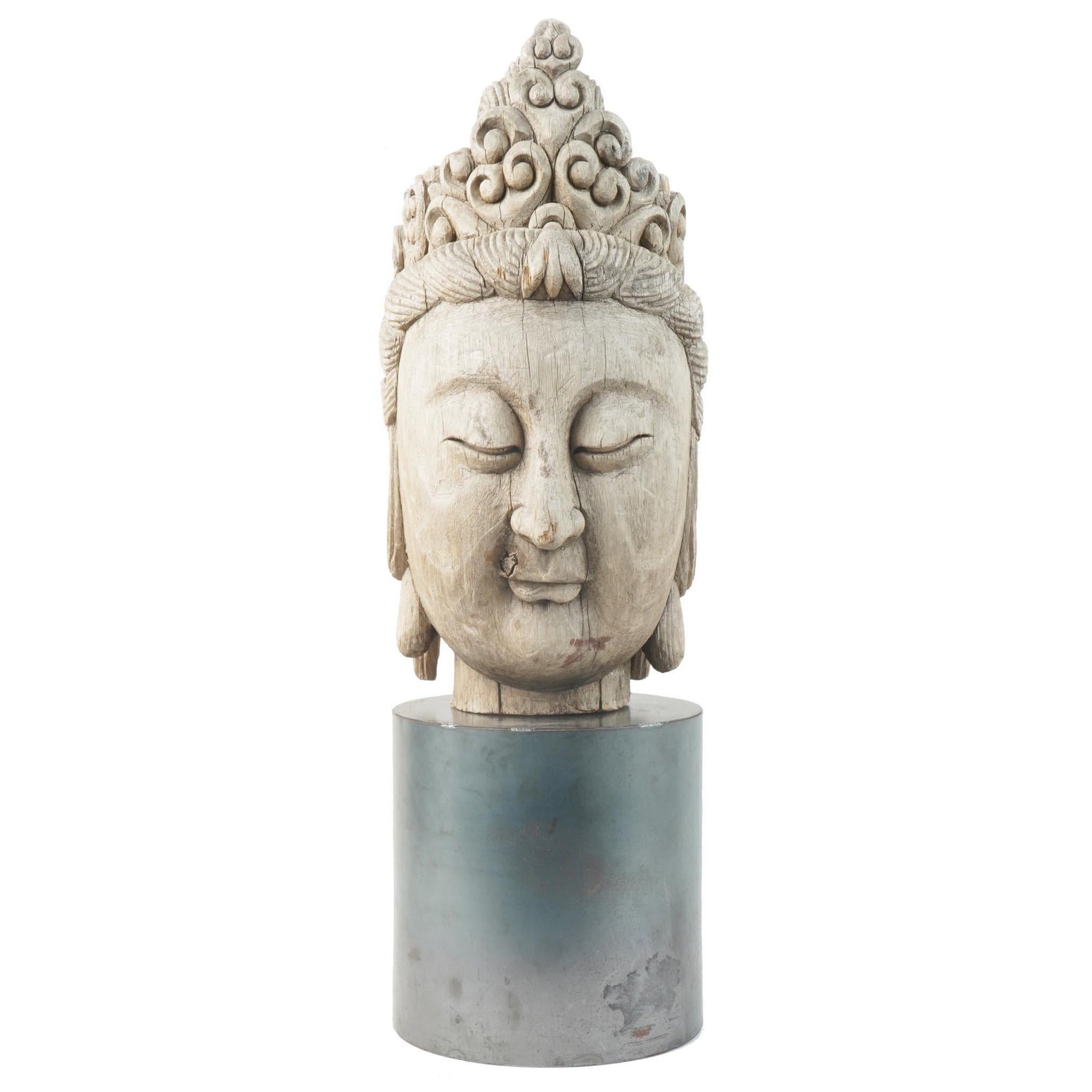 Antique Carved Wooden Head of Buddha