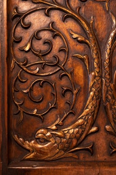 Antique Carved Wooden Panel W/ Dolphins and Scrolls