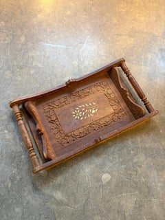 Antique Carved Wooden Tray with Floral Motif and Central Marquetry