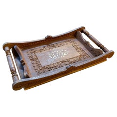 Antique Carved Wooden Tray with Floral Motif and Central Marquetry